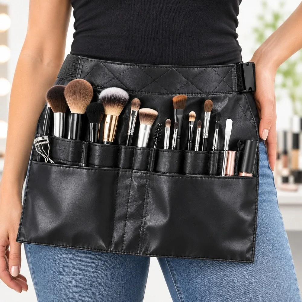Makeup Brush Belt Women OS Black Quilted Faux Leather Artist Apron